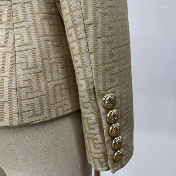 NEW! Khaki Jacquard Gold Button Geo Detail Blazer Jacket - Picture 5 of 8
